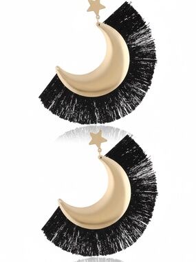 Womens Crescent Fringe Earrings Black Gold Tassels